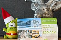 Aigolino Elf zeigt den AIGO Weihnachtsgutschein